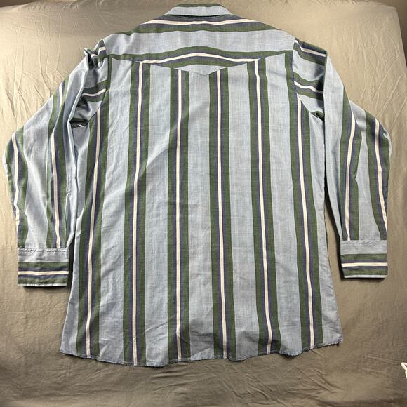 Vintage Wrangler Western Pearl Snap Shirt Mens XLT Tall Vertical Striped Green - Picture 14 of 14